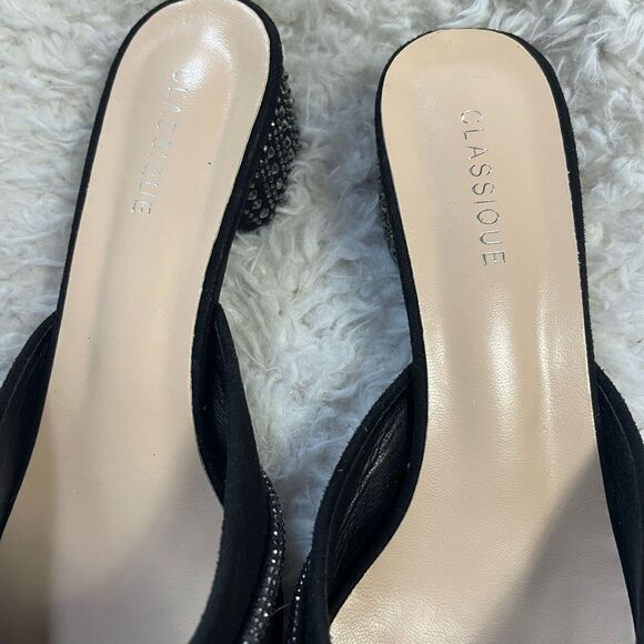 Classique synthetic black suede mules jewel knot accent rhinestone heels SZ10M - Picture 8 of 10